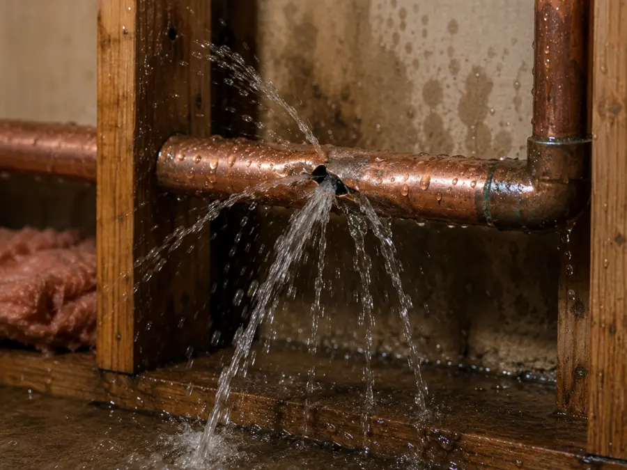 A burst copper supply line spraying water in a Laguna Hills, CA home