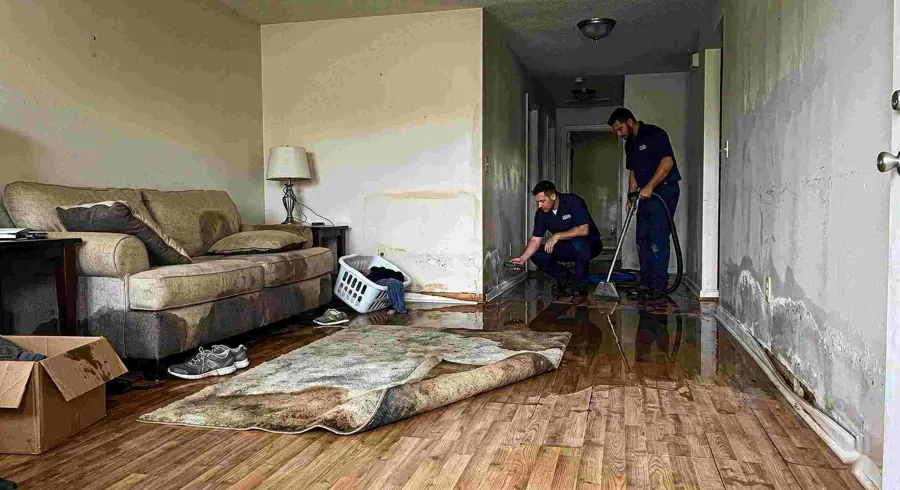 Technician drying a wet hallway in an attached Laguna Hills, CA condo