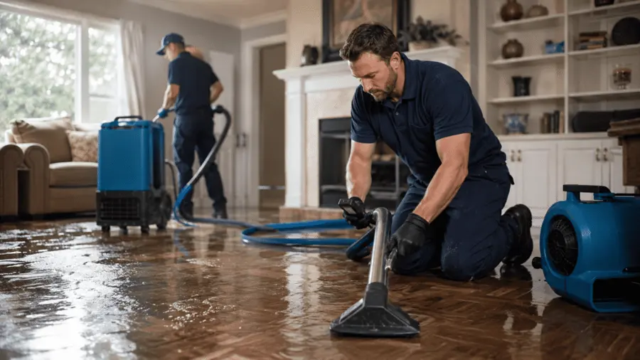 Water on a hardwood floor being dried in a Laguna Hills, CA home