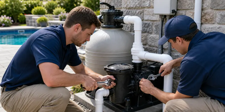 Technicians servicing pool equipment plumbing at a Laguna Hills, CA home