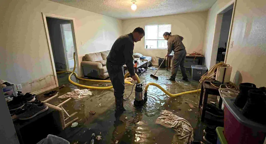 Crew removing storm flood water from a Laguna Hills, CA home at grade