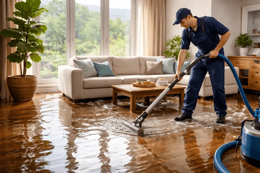 Technician extracting standing water from a Laguna Hills, CA living room floor